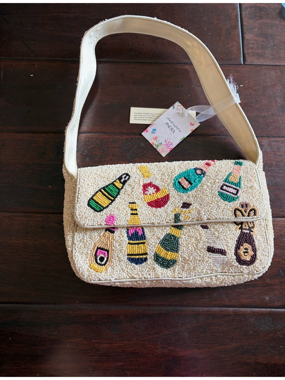 Cream Beaded Champagne Shoulder Bag